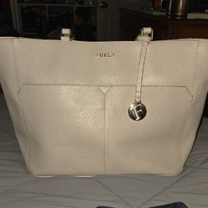 Furla Light Gray Tote Bag with Gold Accents